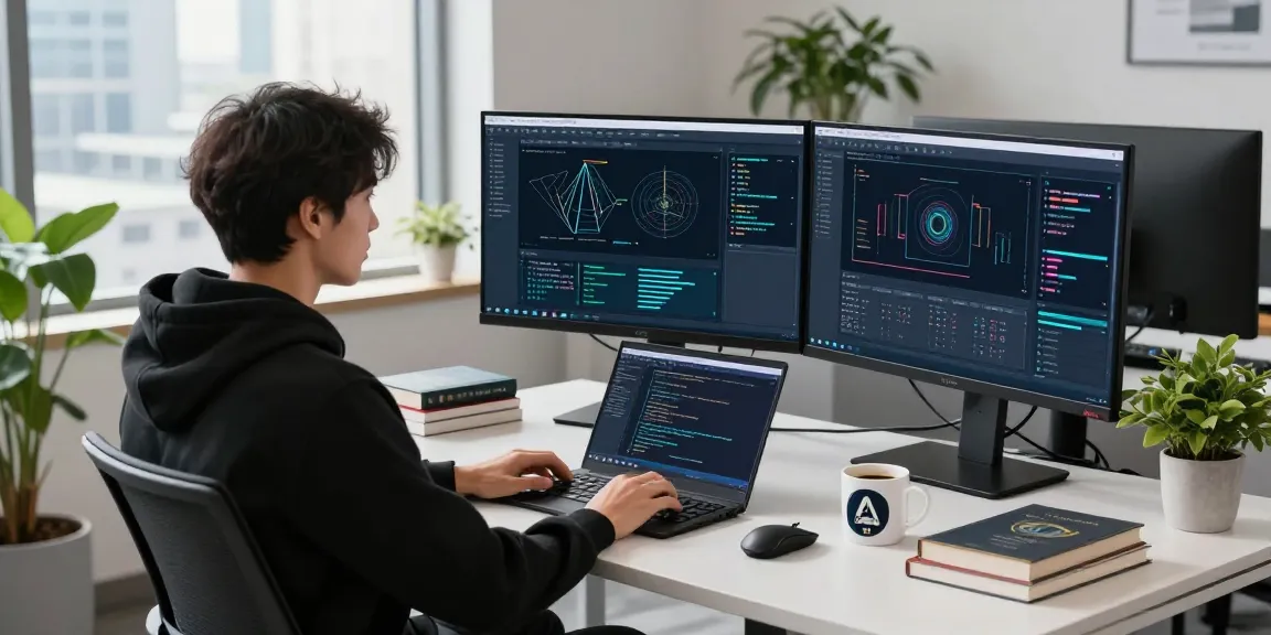 AI Detection algorithms displayed on dual monitors in a modern tech workspace.