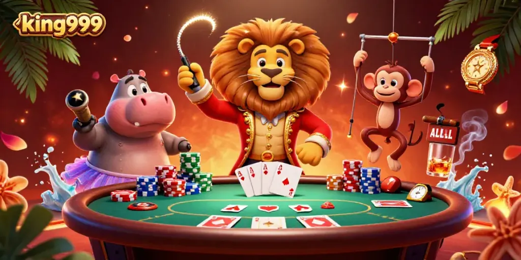Menangkan jackpot dengan king999 dalam ilustrasi kasino ceria yang menampilkan karakter menghibur.
