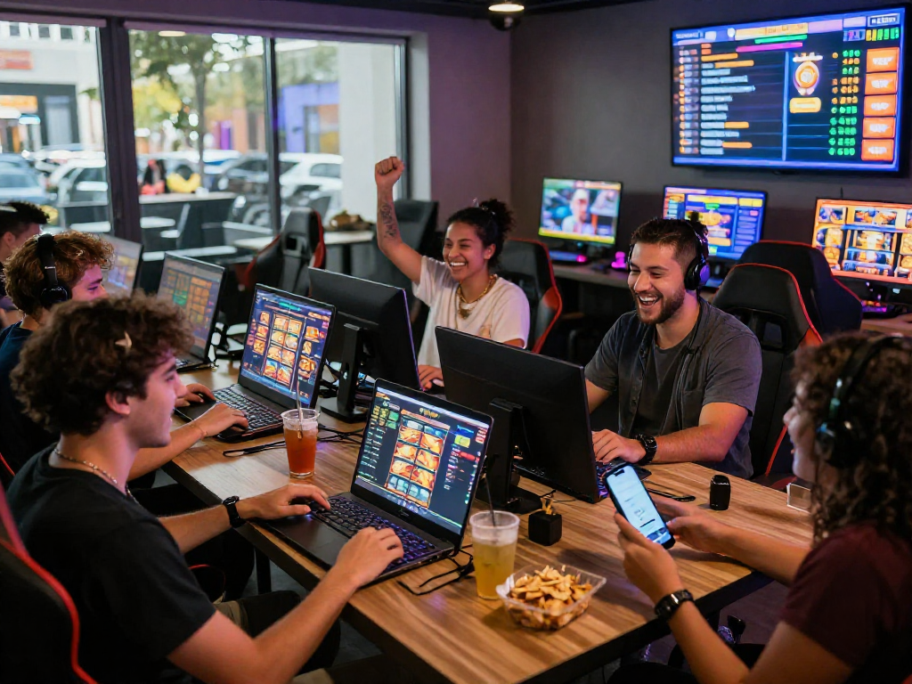 Engaging online gaming scene showcasing info slot games with friends in a modern lounge.