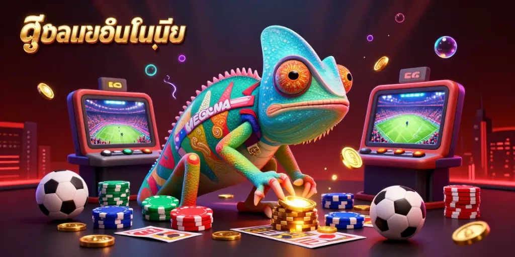 Experience thrilling ดูบอลออนไลน์ with our dynamic sports betting illustration featuring a colorful chameleon and rich game elements.