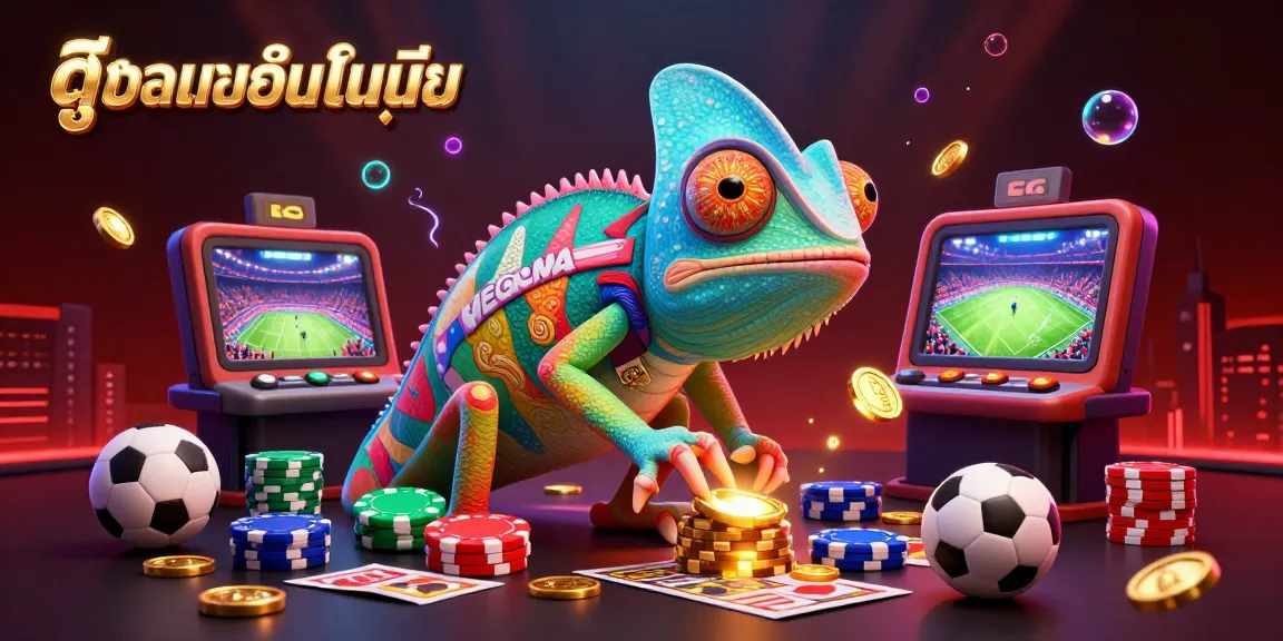 Experience thrilling ดูบอลออนไลน์ with our dynamic sports betting illustration featuring a colorful chameleon and rich game elements.
