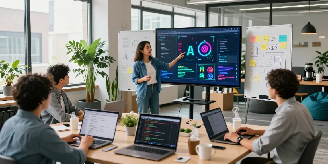 Developers collaborating in a tech workspace on spicy AI models with vibrant visuals