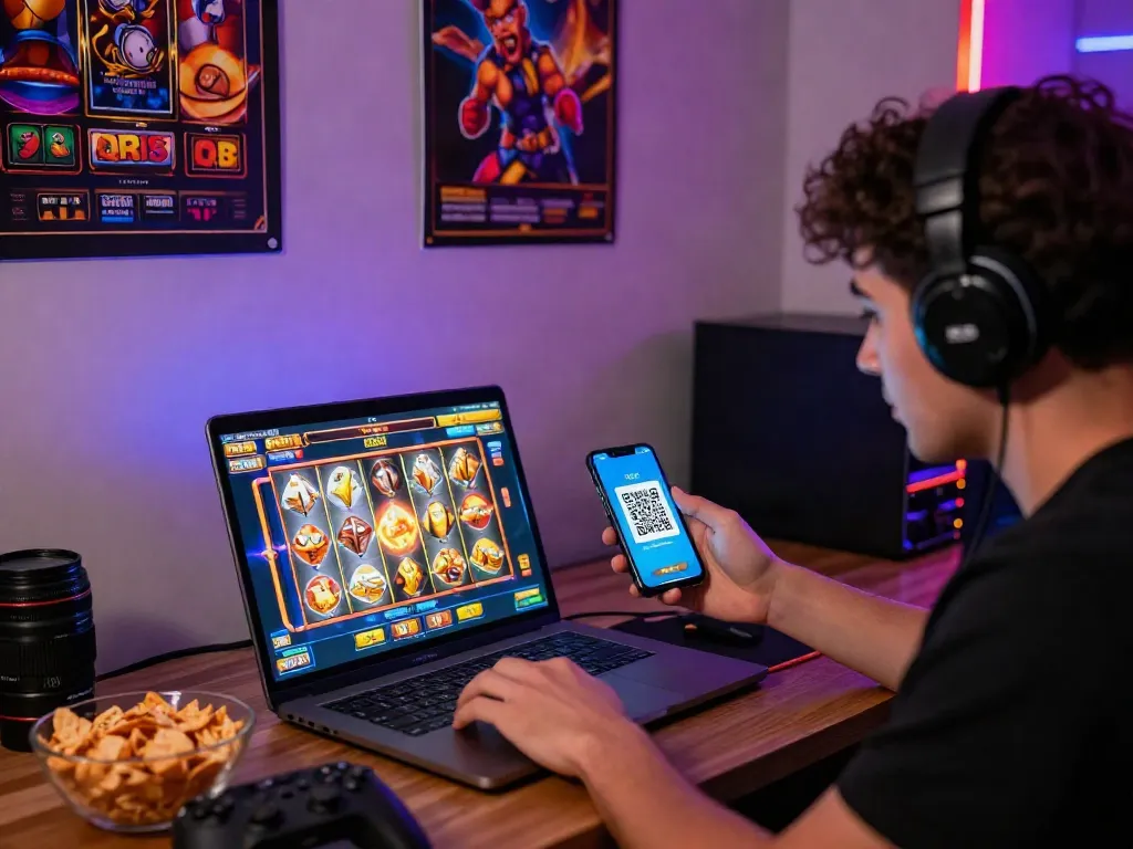 Engaged gamer using slot qris for online payments in a vibrant gaming room.
