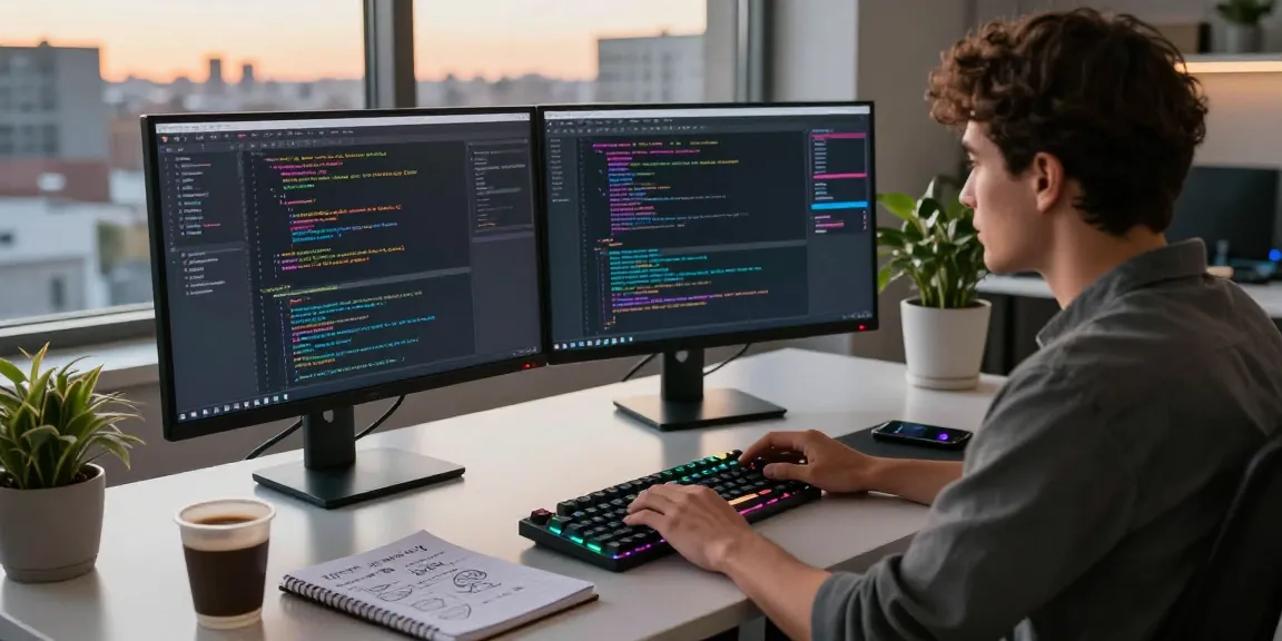 Developer coding on dual monitors, showcasing 纸飞机中文版 in a modern tech workspace.