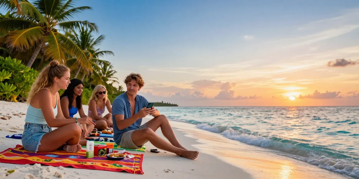 Where can I legally buy weed in Maldives? Traveler discussing cannabis culture on a beach at sunset.