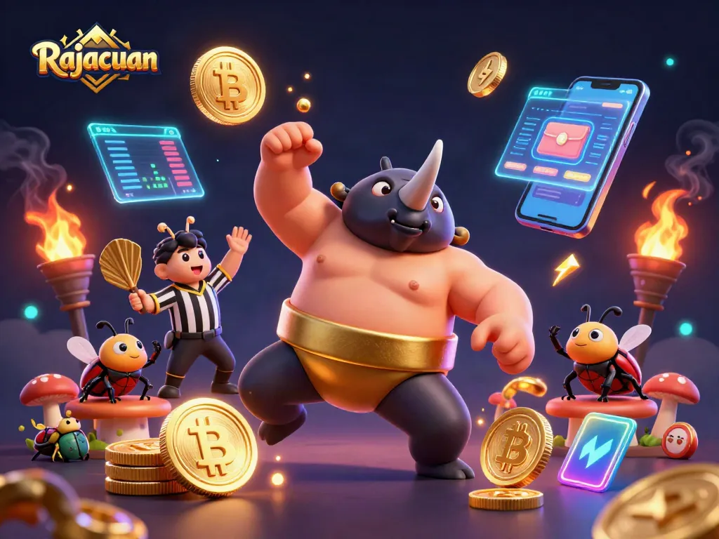 Rajacuan showcases a dynamic casino scene with a beetle sports champion amidst flying cryptocurrency coins.
