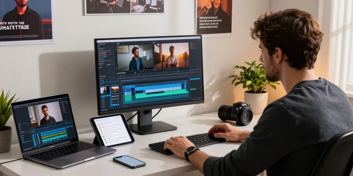 Creator in a modern workspace using video to prompt technology for video editing.