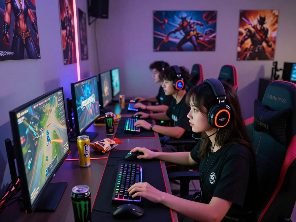 Gaming friends enjoying intense rokok88 session with vibrant setups and snacks