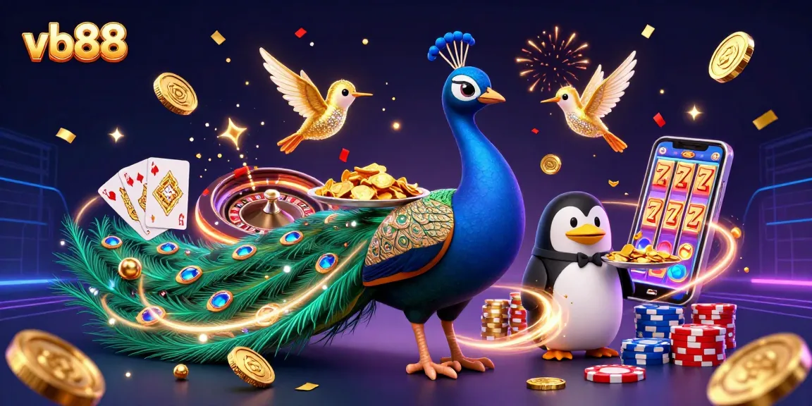 VB88 showcases vibrant casino excitement with a colorful peacock, penguin, and gems.