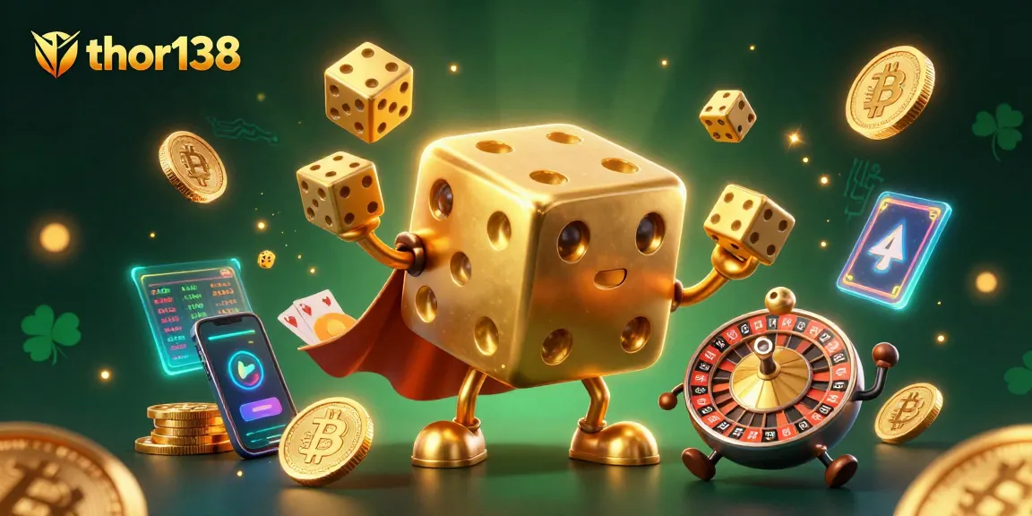 Menghadirkan pengalaman bermain thor138 dengan ilustrasi 3D menarik dari karakter dadu masif, dikelilingi oleh koin Bitcoin dan Ethereum bersinar, cocok untuk penggemar judi.