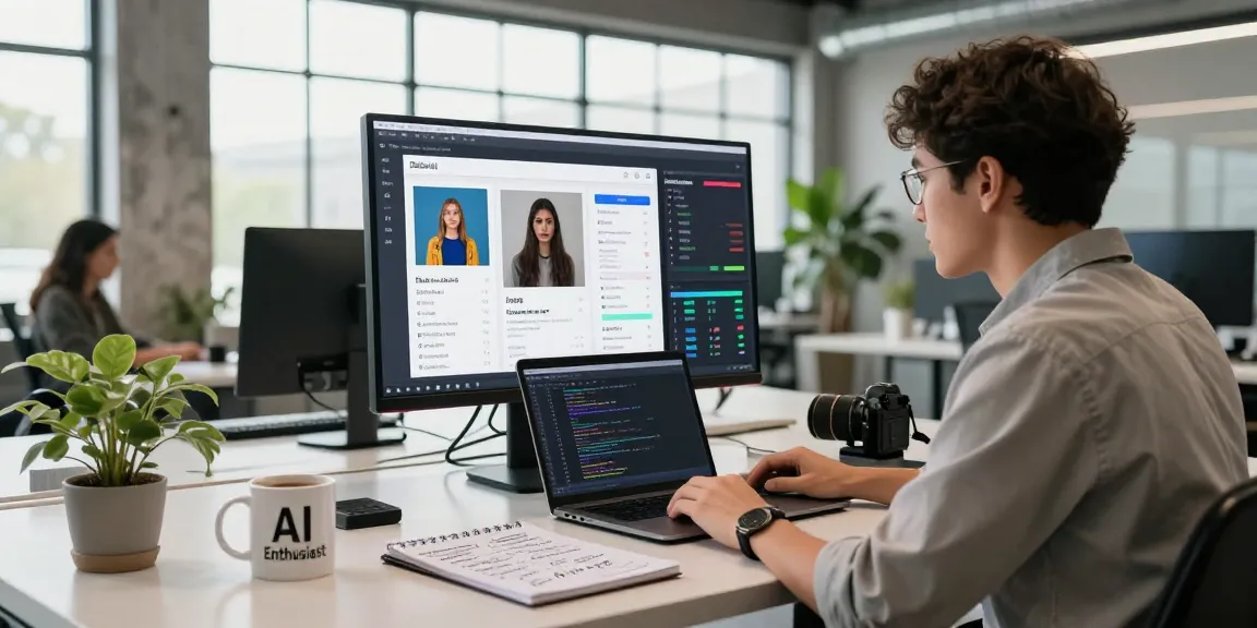 Using a free AI image detector in a modern workspace with data visualizations and AI algorithms.