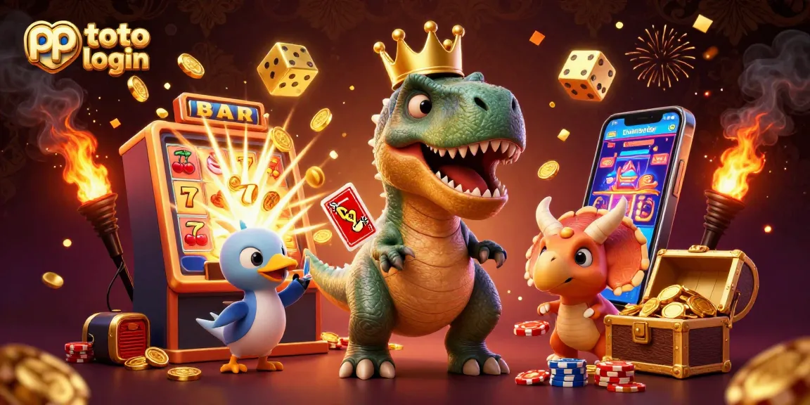 Mengakses pp toto login dengan animasi dino bermain kartu, slot jackpot, dan chip emas menyala.