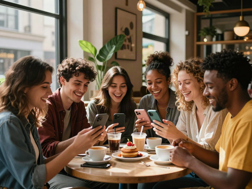 Group of friends enjoying a social moment at a café while testing attractiveness through selfies.