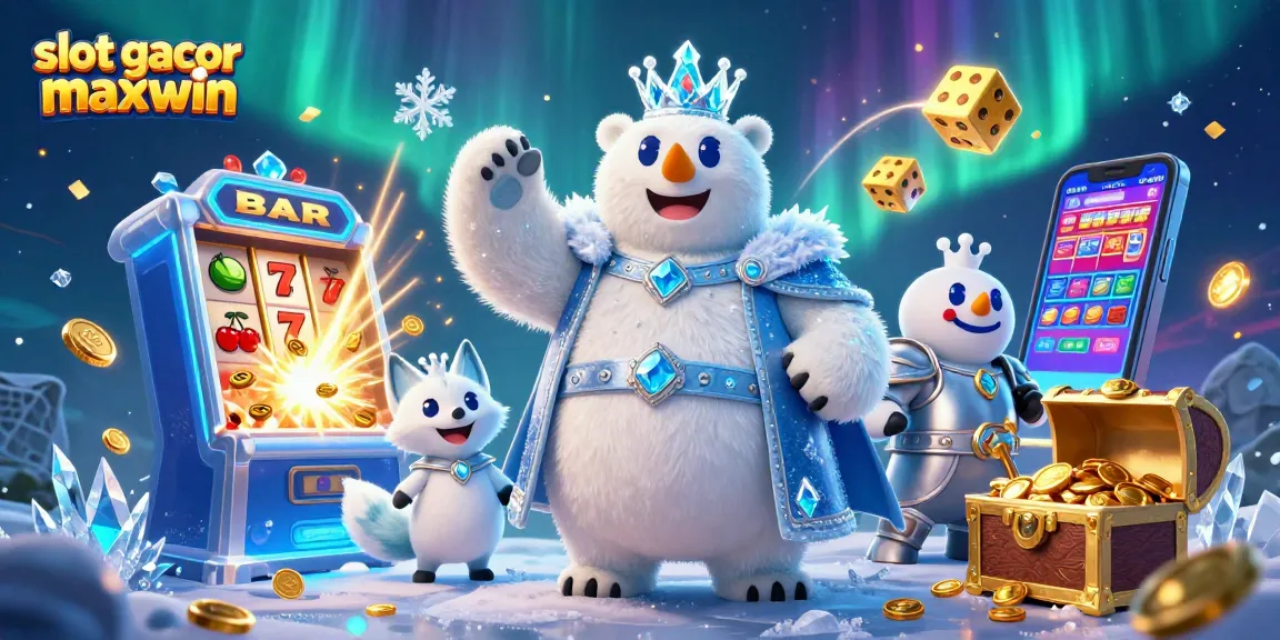 Bermain di slot gacor maxwin dengan peluang kemenangan tinggi menunjukkan mesin slot, karakter 3D kartun, dan efek jackpot yang megah.