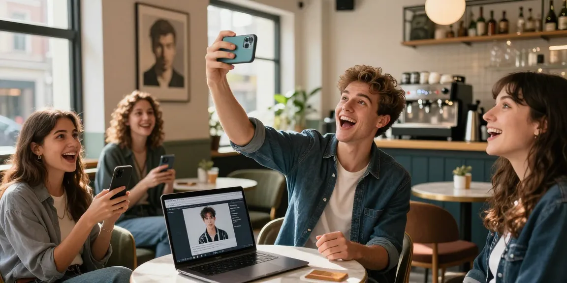 Young man taking a selfie at a café to discover look alikes of famous people.