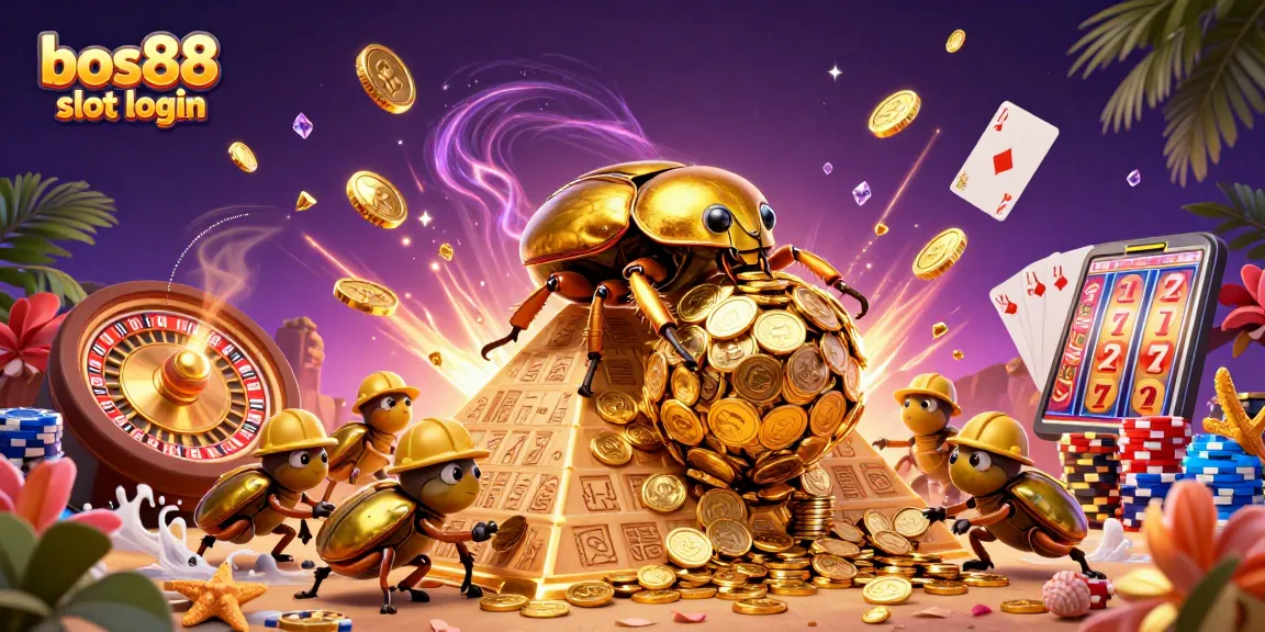 Join the excitement of bos88 slot login as the golden dung beetle rolls coins up a pyramid amidst casino symbols.