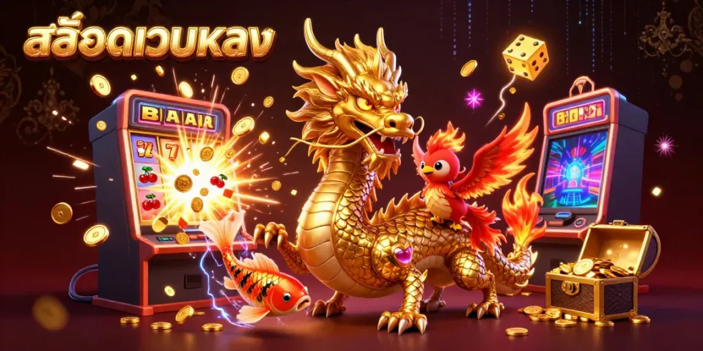 เล่นเกมสล็อตกับ สล็อตเว็บตรง ในภาพ 3D แสดงให้เห็นมังกรทองและนกฟีนิกซ์