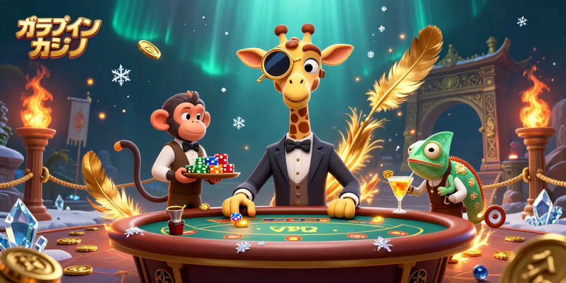 オンラインカジノの高額賭け giraffe が VIP ポーカー テーブルに寄りかかって、ゴールデン カクテルを作るバーテンダーとともに賑やかな場面を描写しています。