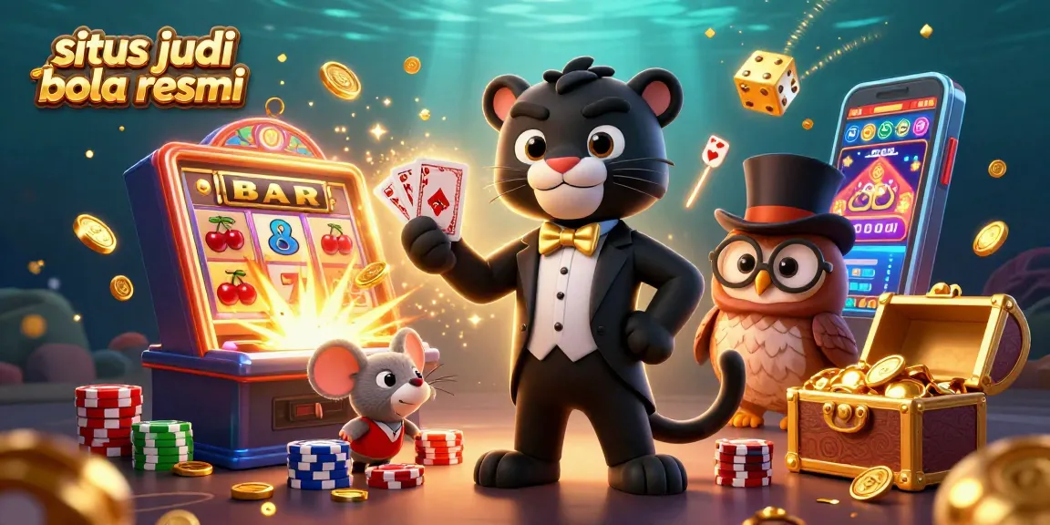 Situs judi bola resmi illustration featuring a 3D panther, owl, and mouse amidst vibrant casino elements.