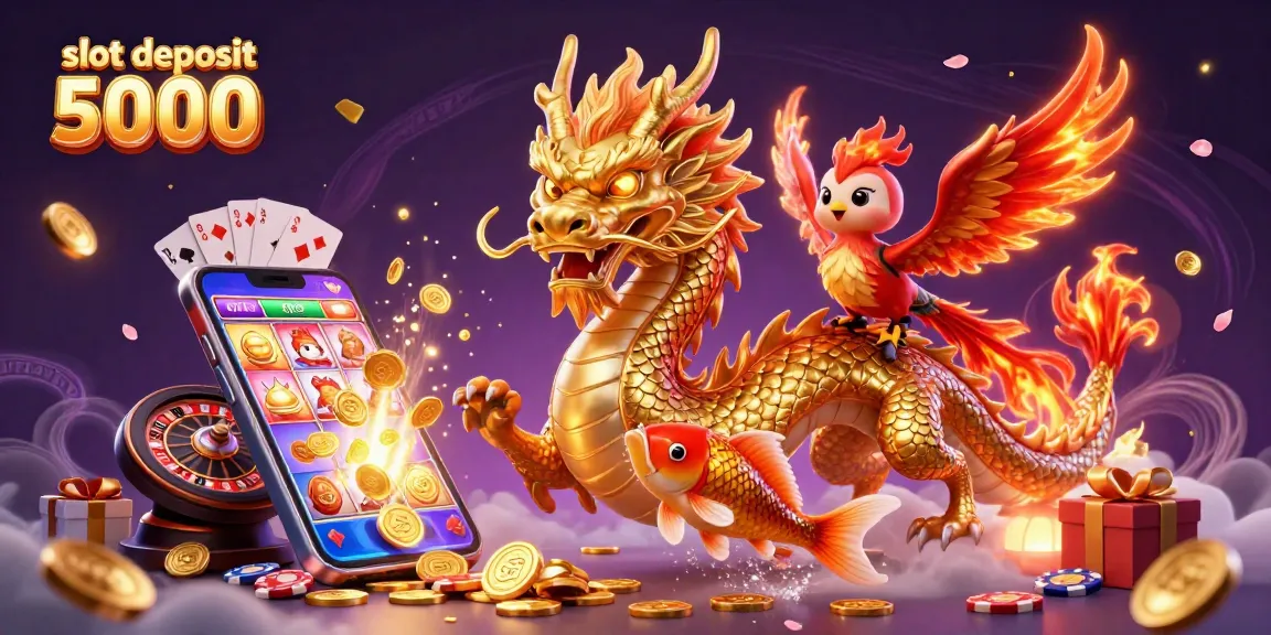 Menang besar di slot deposit 5000 dengan naga emas dan phoenix, dikelilingi koin dan permainan slot.