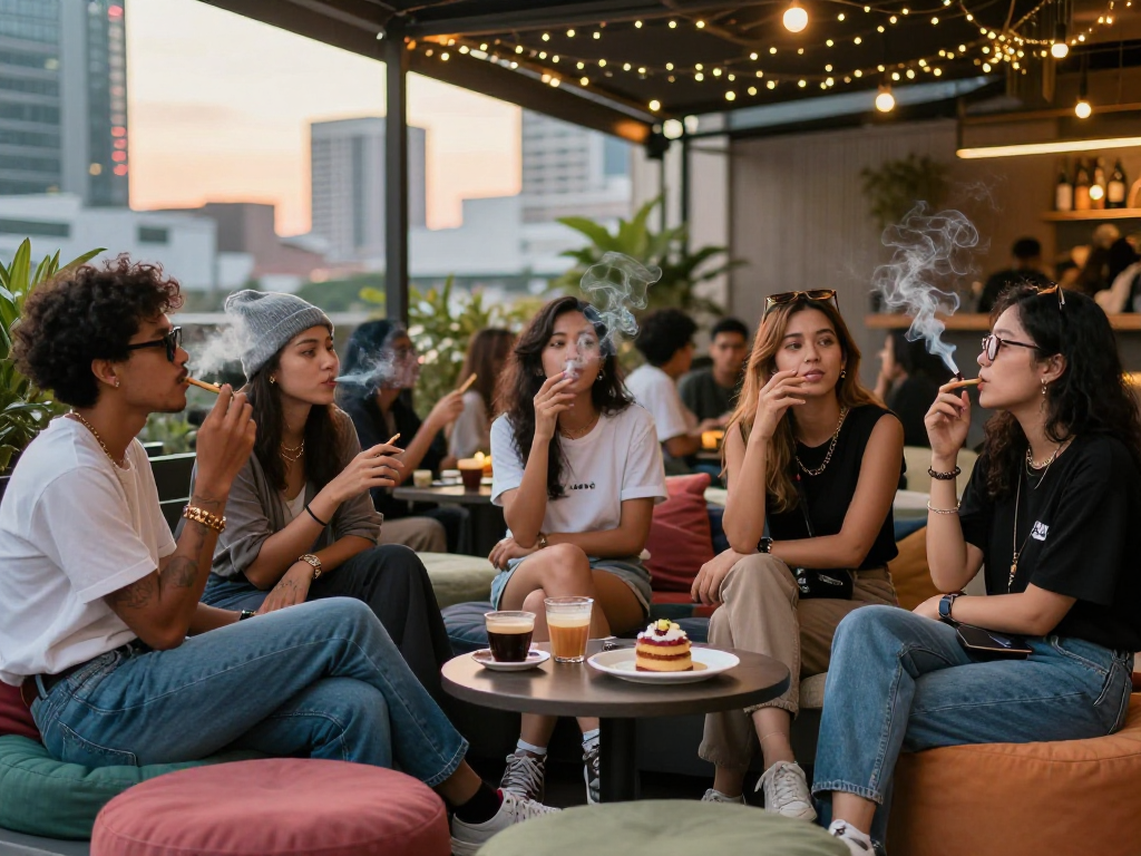 Group of friends enjoying rokok 88 at a trendy urban café, showcasing vibrant social atmosphere.