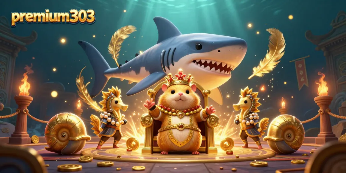 Engage with premium303's vibrant casino scene showcasing a golden hamster king amidst dynamic slot game elements.