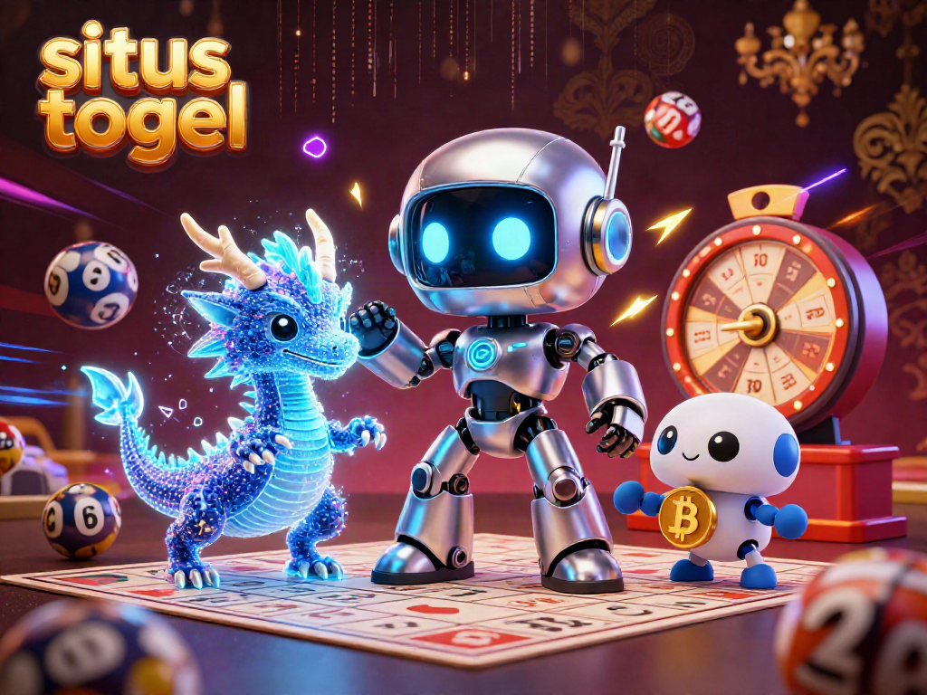 Situs togel interaktif dengan robot cyberpunk dan naga holografis dalam suasana lotere yang menarik.