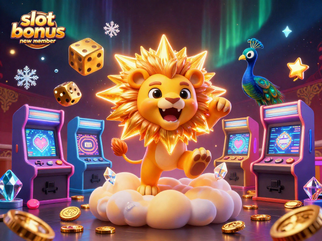 Experience thrill with the slot bonus new member, dazzling golden lion and game elements in an action-packed casino scene.