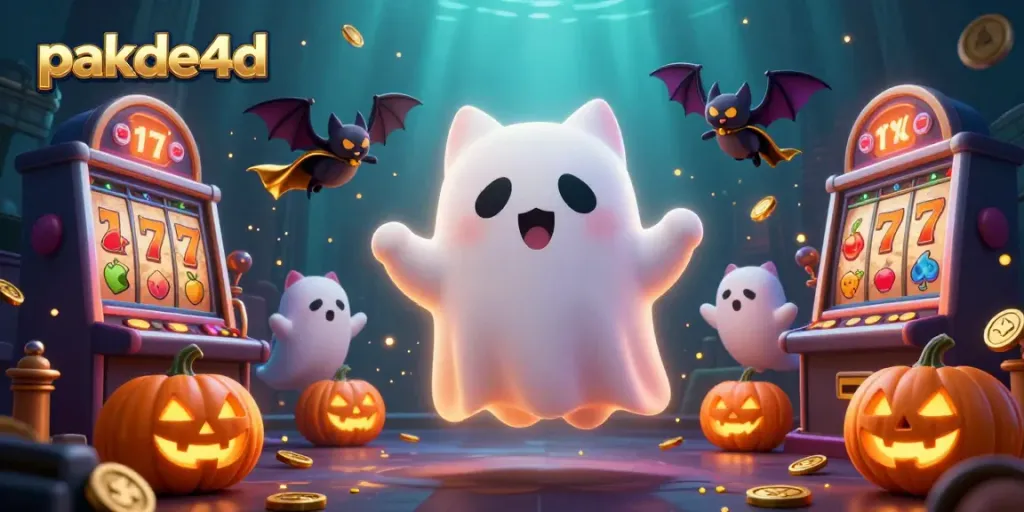 Engage in thrilling slots at pakde4d with a friendly ghost cat amidst glowing jack-o-lanterns and dynamic game elements.