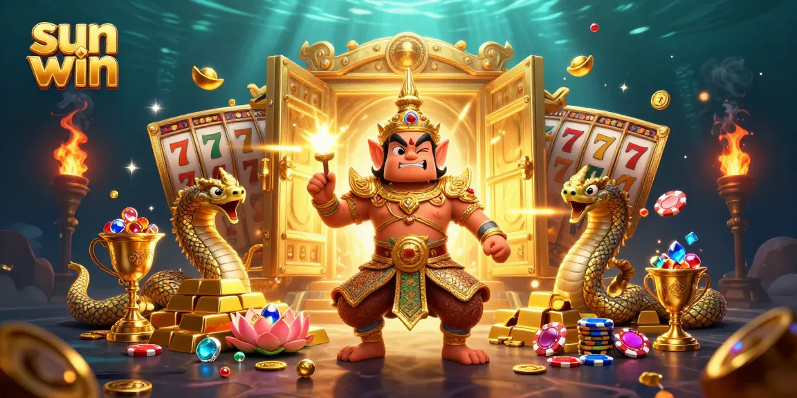 Experience the winning excitement at sun win with vibrant gaming illustrations featuring gold and gems.