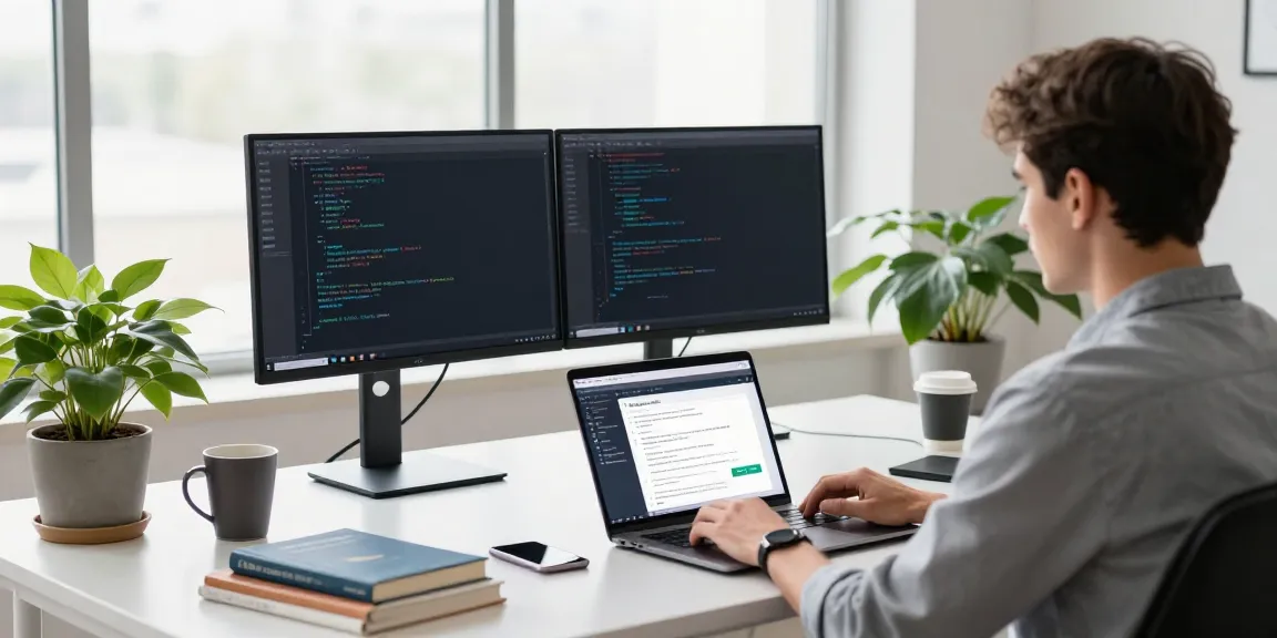Workspace of a developer testing open-source apps on h5.2113.net with dual monitors and a laptop.