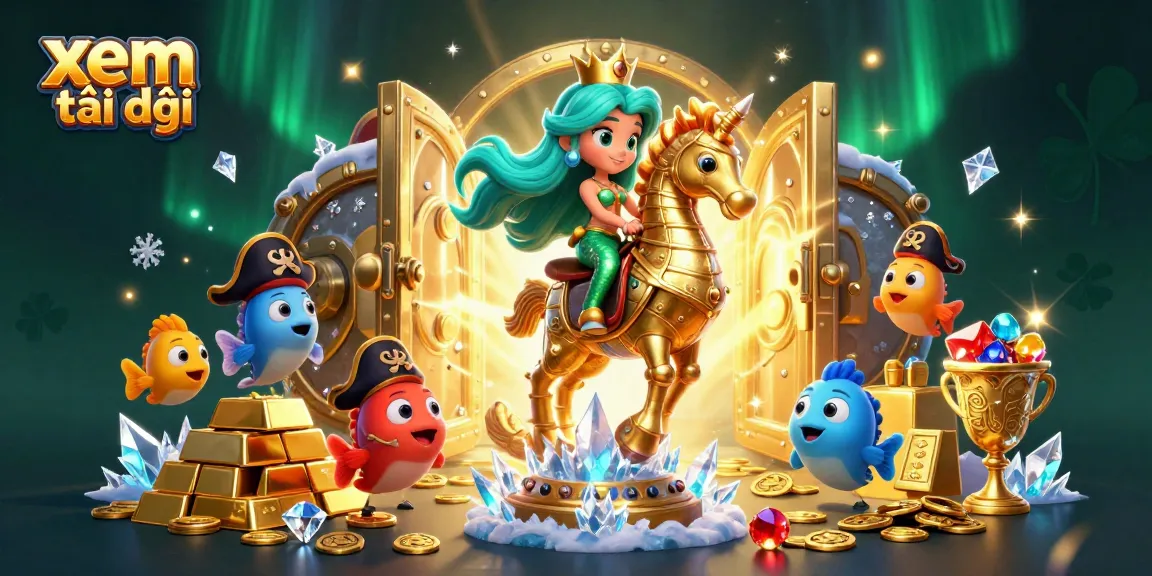 Bet with excitement at xem tại đây as a mermaid princess rides a seahorse in a treasure-filled casino scene.