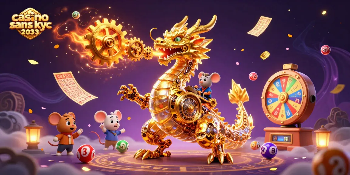 Jouez dans un casino sans KYC 2033 avec un dragon doré mécanique et des éléments de jeu animés.