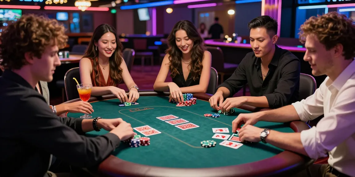 Engaged friends enjoying poker at a casino, exploring daftar raja328 excitement.