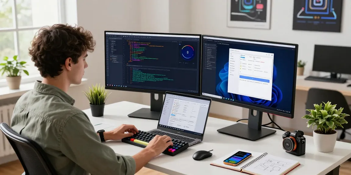 快连 app developer working in a modern tech workspace with dual monitors, showcasing vibrant coding and network performance.