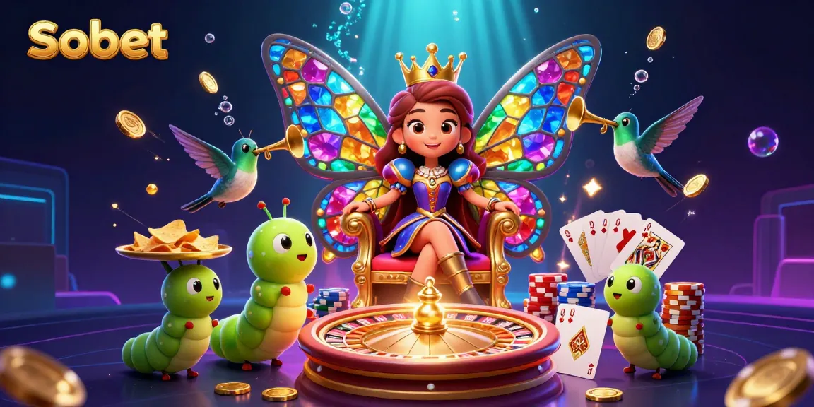Sbobet gains excitement with a vibrant 3D butterfly queen and golden casino elements in an engaging illustration.