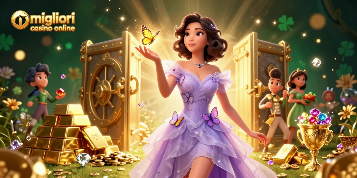 Scopri il brivido dei migliori casino online con un'illustrazione mozzafiato di un'aura di casinò glamour e tesori d'oro.