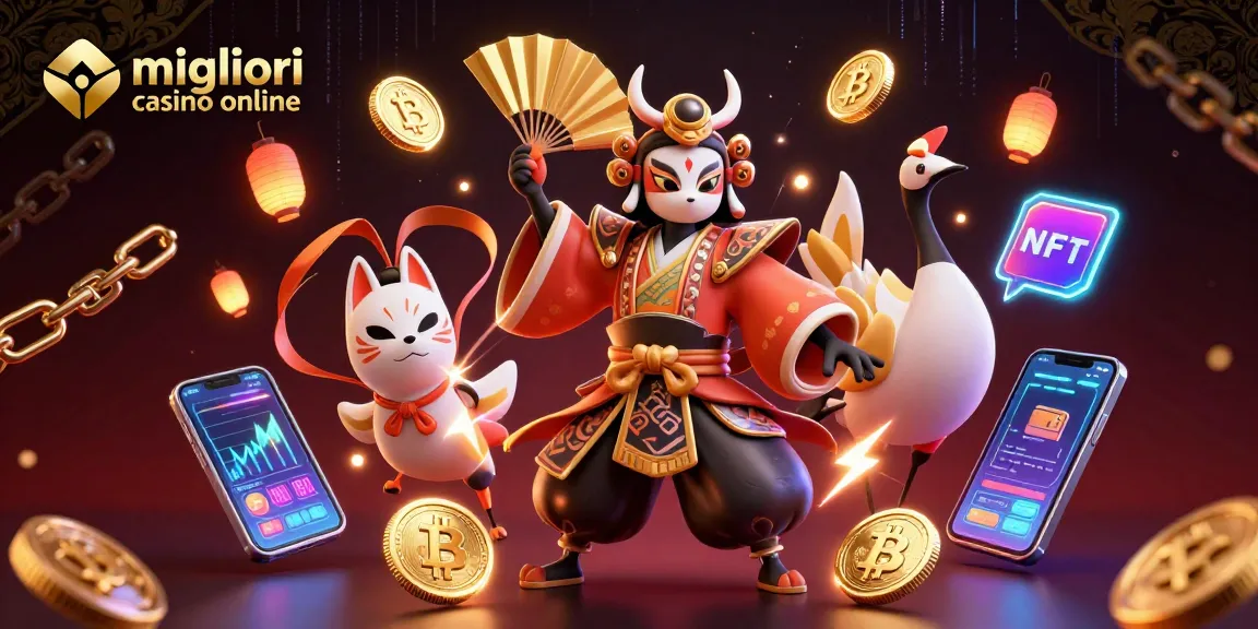 Illustrazione coinvolgente dei migliori casino online con personaggi vibranti ed elementi di criptovaluta luminosi