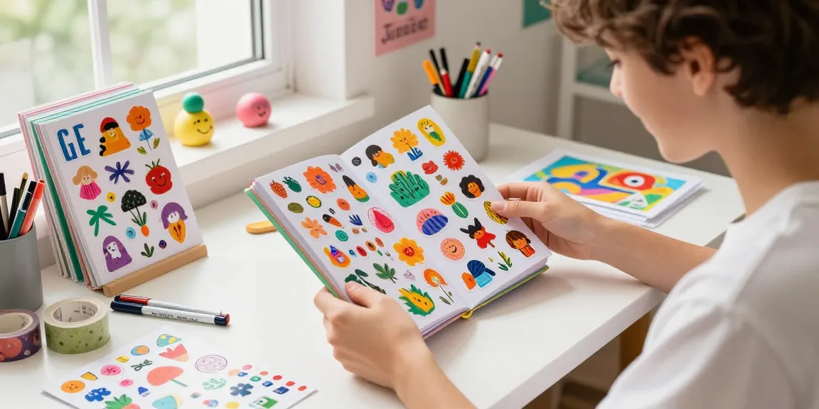 Artist exploring a colorful reusable sticker book filled with unique designs and creative supplies.