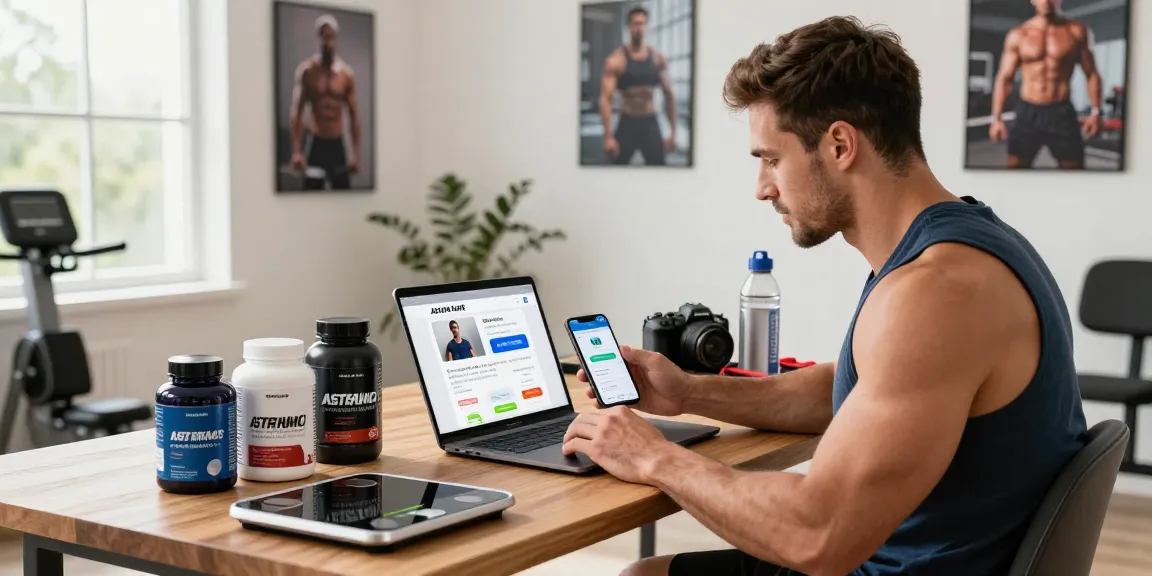 Shopping for Astera Shop steroids with fitness gear and supplements in a modern home office.