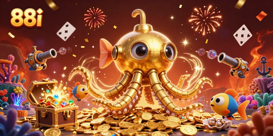 Experience the thrill with 88i as the kraken submarine emerges amidst a sea of treasures in this vibrant 3D casino scene.