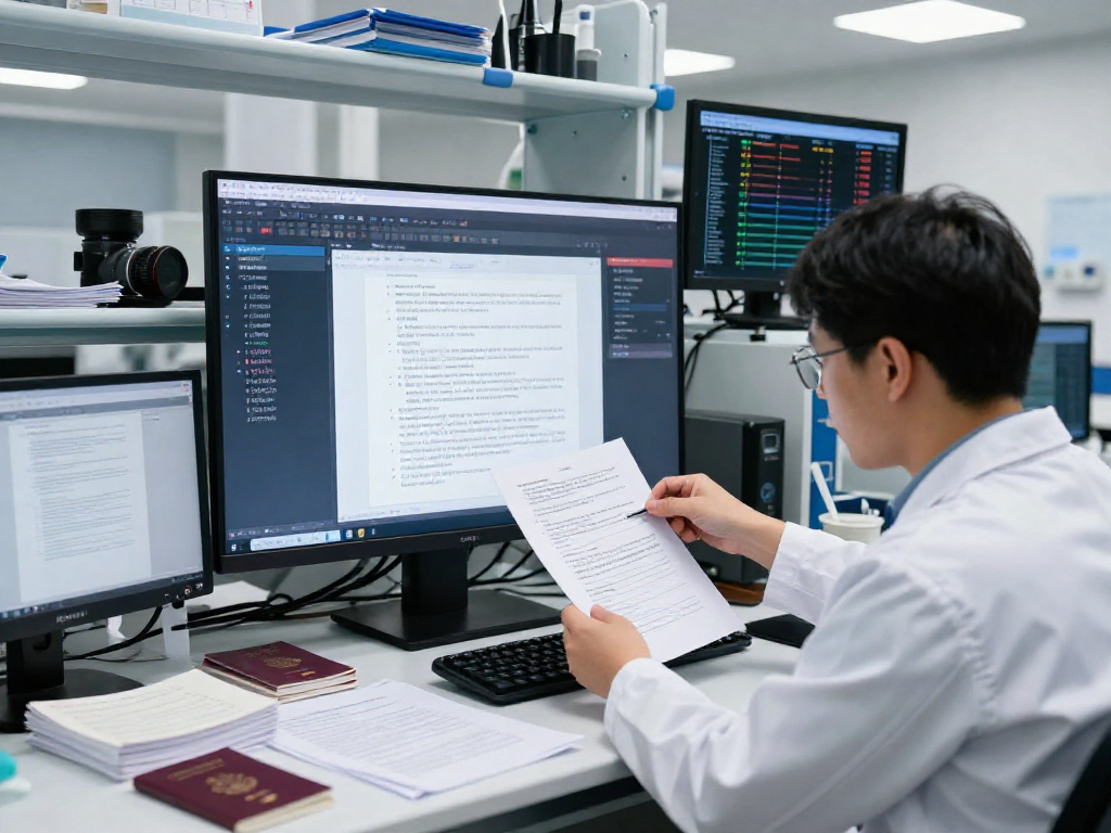 Forensic analyst performing document fraud detection analysis in a high-tech lab