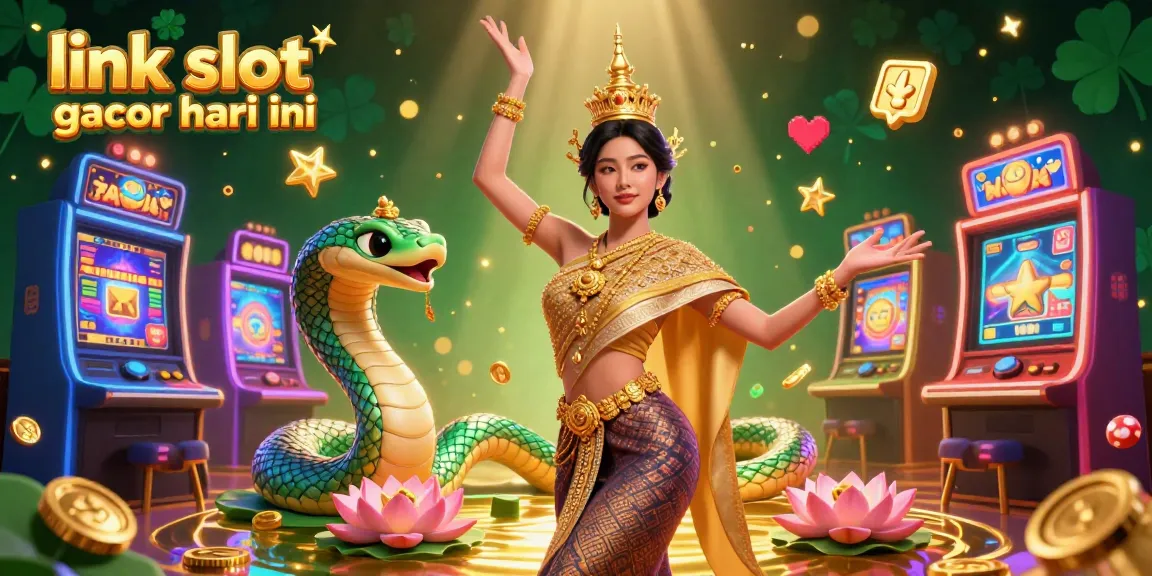 Rasakan kemenangan dengan link slot gacor hari ini yang menampilkan adegan kasino 3D yang hidup dengan slot, koin emas, dan seorang wanita Thailand yang sedang menari.