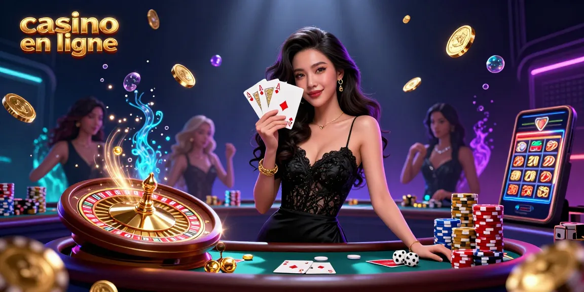 Plongez dans l'atmosphère vibrante du casino en ligne, mettant en vedette une magnifique femme asiatique présentant des cartes d'as au milieu d'un éclat éblouissant de jetons.