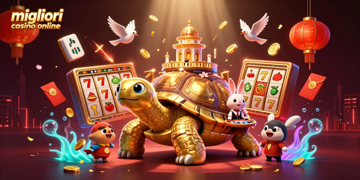 Scopri l'emozione dei migliori casino online con un'illustrazione digitale 3D vibrante che mette in mostra elementi di gioco e personaggi emozionanti.