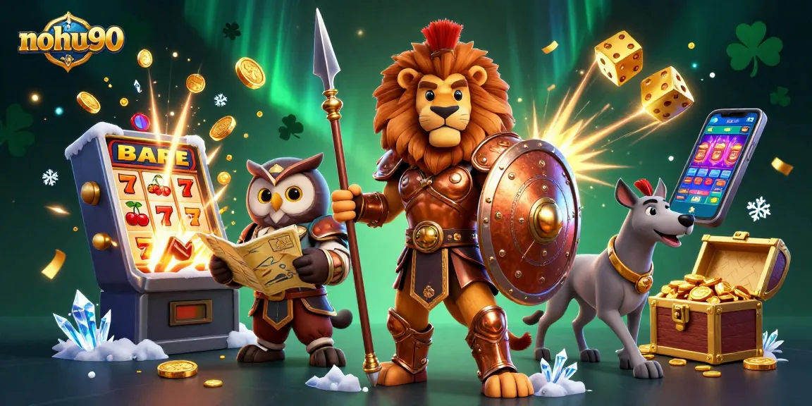 Nohu90 slots experience with a Spartan lion, owl strategist, and greyhound surrounded by exciting casino elements.