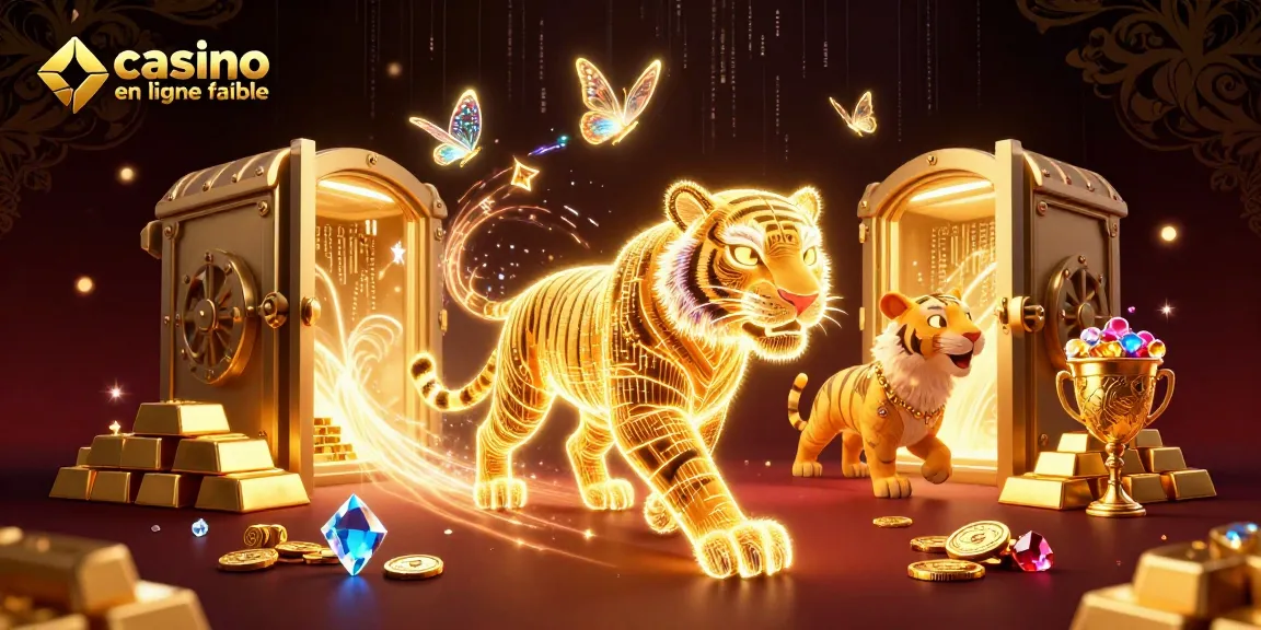 Jouez sur un casino en ligne fiable avec des éléments scintillants autour d'un tigre lumineux.