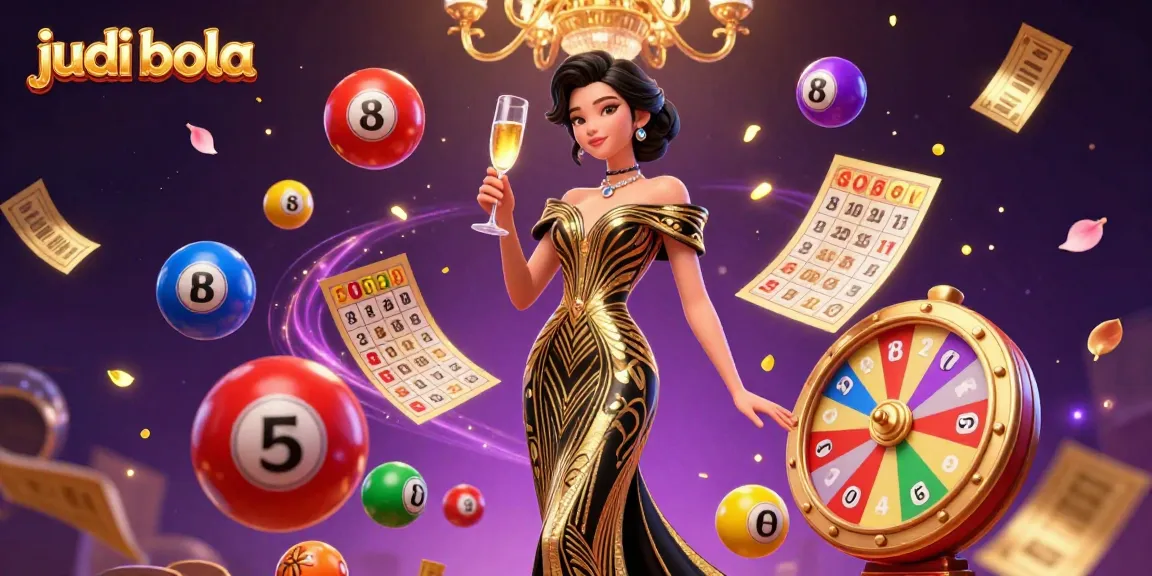 Experience judi bola excitement with vibrant lottery elements and a glamorous Asian woman celebrating wins.