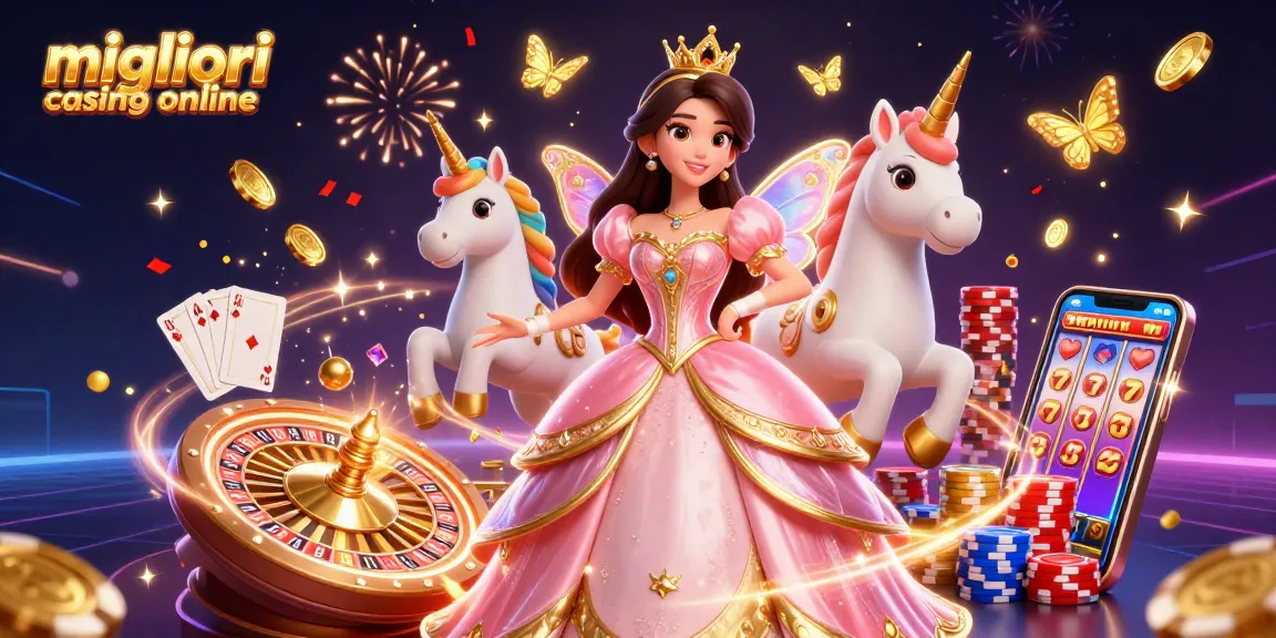 Scena coinvolgente che mostra i migliori casino online con una donna asiatica glamour e un unicorno dorato tra i giochi da casinò.