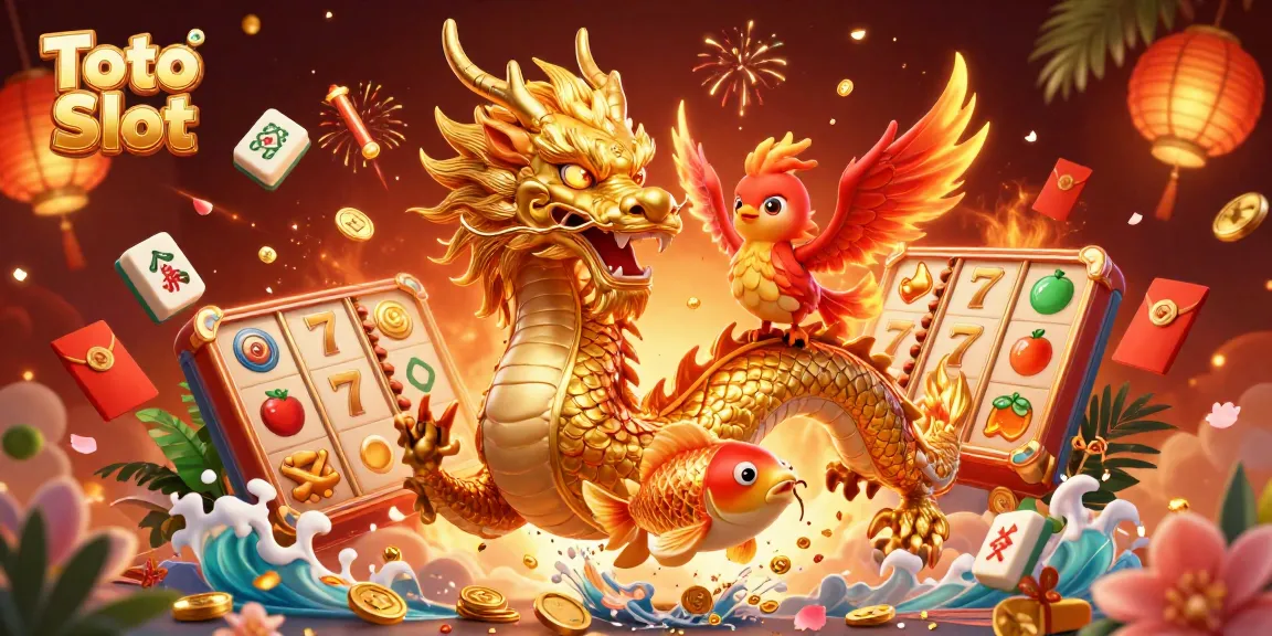 Toto Slot menghadirkan ilustrasi digital 3D yang memukau dengan naga emas dan elemen permainan yang berkilauan.